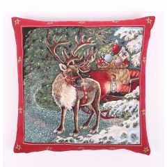 Deer With Sleigh Tapestry Christmas Cushion Cover