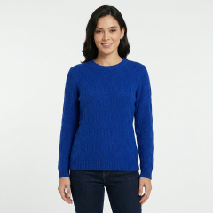 Model wearing the Women’s Cable Knit Twist Cardigan Blue