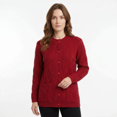 mode; wearing the Women's Round-Neck Knit Cardigan Red
