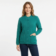 Model wearing the Women's Round-Neck Knit Cardigan Teal