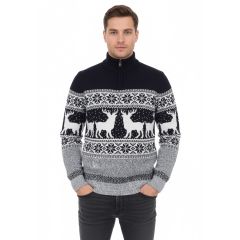 Model wearing the 1/2 Zip Reindeer Christmas Jumper Navy
