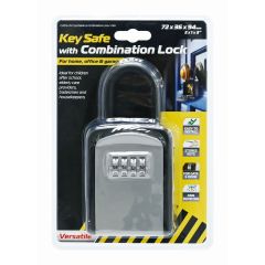 A key safe with a combination lock in packaging. The package highlights features: easy installation, key storage, gate and door use, and rain protection.