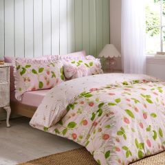 Catherine Lansfield Strawberry Frills duvet cover set with strawberry print gingham reverse and frilled pillowcase edges