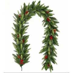 Luxury Mixed Pine Berry and Cone Christmas Garland with green foliage red berries and pine cones