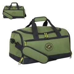 Bordlite Underseat Holdall Khaki/Black duffel bag with lime green zipper accents, dual handles, and an adjustable shoulder strap. It features a circular logo on the side.