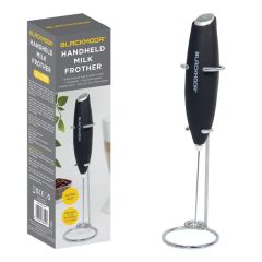 Blackmoor handheld electric milk frother in black with stainless steel whisk, silver power button and metal countertop storage stand.