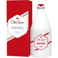 White Old Spice aftershave bottle with red detailing and logo, next to a matching red and white box. Classic, nostalgic grooming product.
