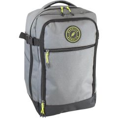 Black Bordlite Cabin Backpack with a top handle, front zippered pocket, and yellow accents. A round logo is displayed prominently on the front.