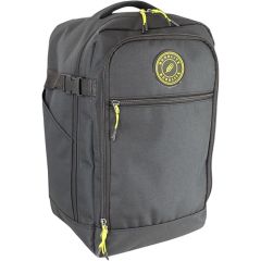 Black Bordlite Cabin Backpack with a top handle, front zippered pocket, and yellow accents. A round logo is displayed prominently on the front.