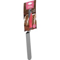 Icing spreader with a red and gray handle, packaged with an image of a chocolate cake with white frosting.