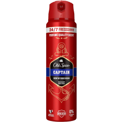 Red Old Spice deodorant spray can labeled "Captain" with "Scent of Fierce Ocean." Features nautical graphics and claims 24/7 freshness.