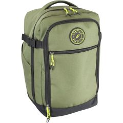 Black Bordlite Cabin Backpack with a top handle, front zippered pocket, and yellow accents. A round logo is displayed prominently on the front.