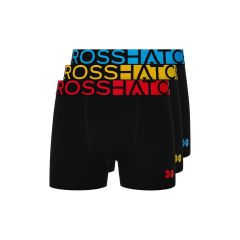 Three pairs of black boxer briefs are shown, each with a colorful waistband. The bands are blue, yellow, and red, displaying the word "CROSSHATCH."