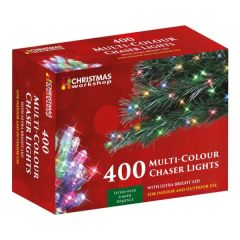 The Christmas Workshop 400 multi-coloured LED chaser Christmas lights with red, green, blue and yellow bulbs, black cable and 8-function controller.