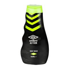 Black bottle of Umbro Action body wash with a vibrant green cap and chevron design. Text reads "Body Wash NEW 400ML." Modern and sporty feel.