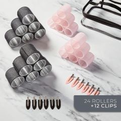 Bauer Professional Hair Rollers & Clips Gift Set – 24 Rollers, 12 Creaseless Clips & Storage Bag