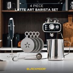 Blackmoor 4 Piece Coffee Art Barista Set with 600ml Milk Jug, Frother & Stencils – Silver