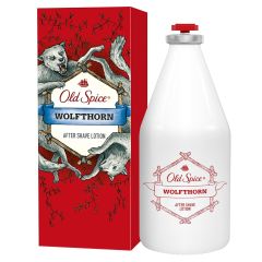 Old Spice Wolfthorn after-shave lotion with a wild citrus scent. The packaging features a red box with a wolf design and a white bottle.
