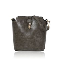 A small, elegant, dark grey leather handbag with a sleek design. It features a gold clasp and adjustable strap, conveying a chic and modern style.