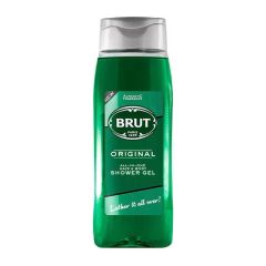 Green bottle of Brut Original all-in-one hair and body shower gel with a silver cap. The label highlights "authentic fragrance" and "lather it all over!"