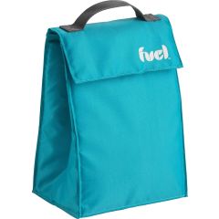 A teal insulated lunch bag with a black handle and the word "fuel" printed in white on the flap.