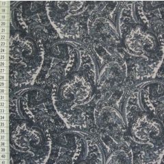 Grey paisley fabric shown flat beside a measuring scale.