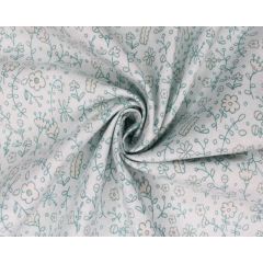 White chiffon fabric scattered with tiny purple and pink flowers and green leaves.