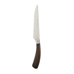 A sleek carving knife with a shiny, curved blade and a smooth, dark wooden handle, set against a plain white background, conveys elegance.