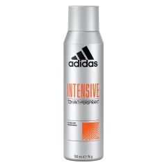 Silver spray can of Adidas Intensive 72H Anti-Perspirant with bold orange text and logo, conveying a sense of freshness and durability.