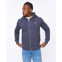 Man in a navy hoodie with "Original" text, stands confidently with hands on hips. He pairs it with blue jeans against a plain white backdrop.