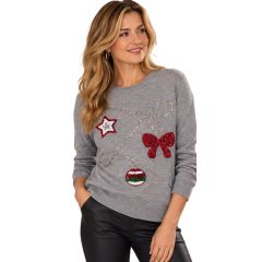 Grey crew-neck Christmas jumper decorated with a silver sequin garland, a red sequin bow, a white-and-red star, and a colorful bauble