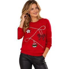 Red crew-neck Christmas jumper decorated with a silver sequin garland, a red sequin bow, a white-and-red star, and a colorful bauble