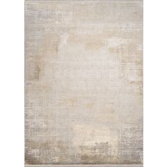 Top-down full view of abstract patterned beige and gold modern rug
