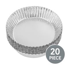 Stack of round silver aluminium air fryer foil liners on a white background with a “10 Piece” label, showing durable pleated edges and clean, reflective finish.