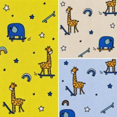 Skoot Animals polycotton fabric in Beige, Mustard and Light Airforce Blue