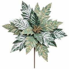Aqua Christmas Poinsettia Pick with Gold and Frosted Detail