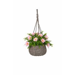 Artificial hanging basket with pink daisy flowers in grey woven basket with rope hanger on white background
