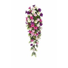 Artificial petunia hanging bush with purple pink and white flowers and trailing greenery on white background