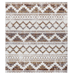 Bohemian-style rug with horizontal tribal geometric patterns in earthy tones of brown, rust, and beige on a white background