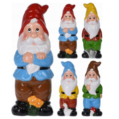 Assorted colourful garden gnome ornaments with red, yellow, blue and brown hats, decorative outdoor figurines for gardens, patios and flower beds.
