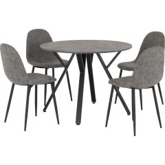Athens round concrete effect dining table set with four grey upholstered dining chairs and black metal legs
