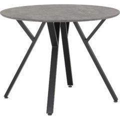 Athens round dining table with grey concrete effect top and black geometric metal legs.