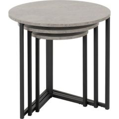 Athens round nest of tables with grey concrete effect tops and slim black metal frames.