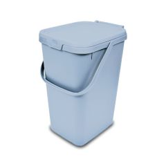 Pale blue plastic trash bin with a hinged lid and a rounded handle, standing on a white background. The design is simple and functional.