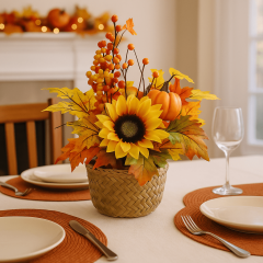 Autumn floral basket centerpiece with sunflower, pumpkin, berries, and colorful fall leaves on a seasonal dining table setup.
