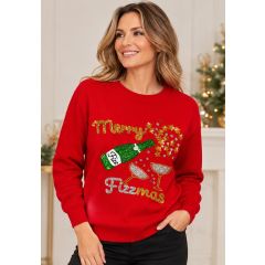 Fizzymas Red Christmas Jumper, featuring a sequined "Merry Fizzmas" champagne bottle and glasses design