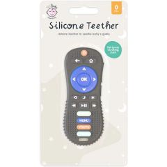 Baby silicone remote control teether in grey with blue buttons, designed to soothe teething gums for babies aged 0 months and over.