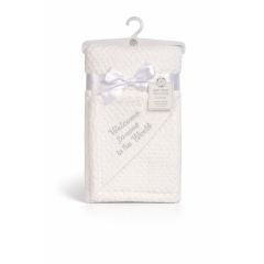 white baby waffle wrap blanket on hanger welcome to the world embroidery