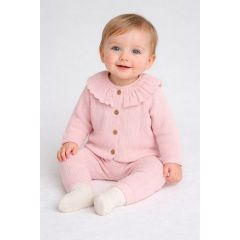 Rock-a-Bye Baby 2 piece 100% cotton cardigan and trouser set in soft pink worn by baby model sitting down