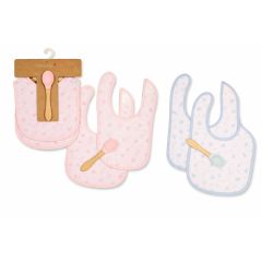 baby bib and spoon set pink and sky with two bibs and wooden spoon displayed